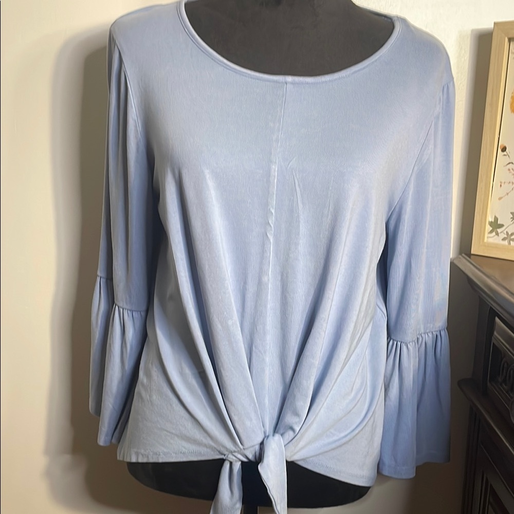 New Directions Blue Bell Sleeve Blouse with Tie Front